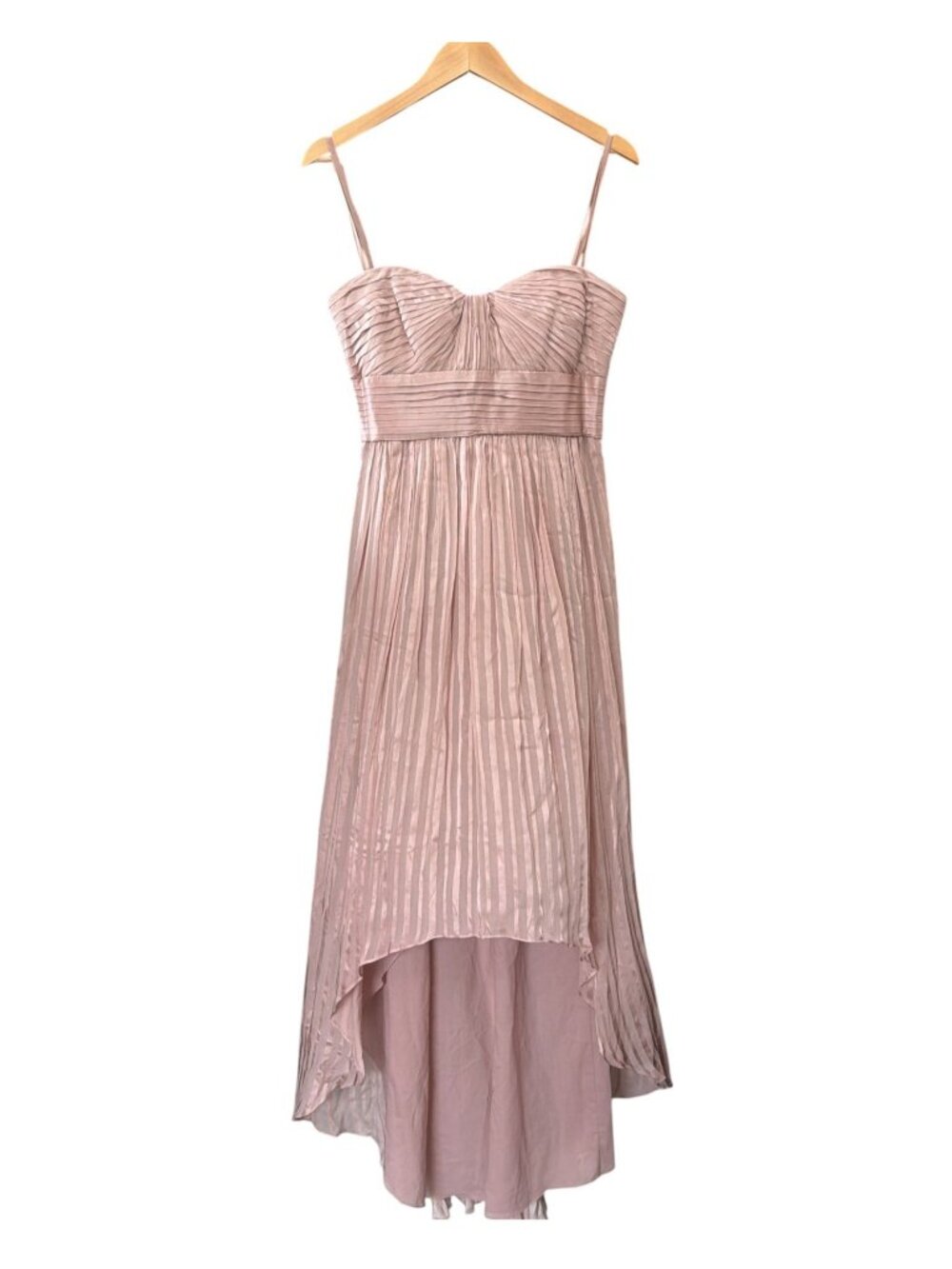 BCBG Max Azria Pink Silk High-Low Evening Dress With Pleated Bodice Size 10